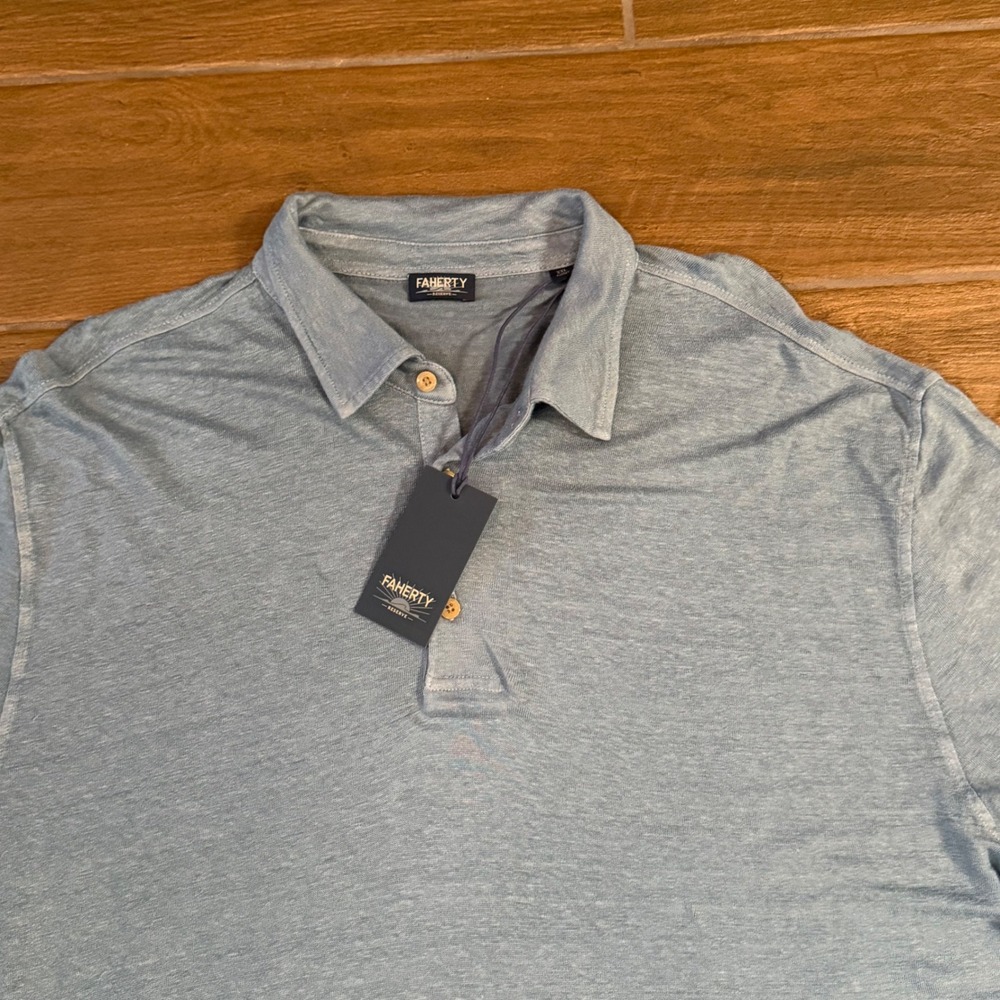 Faherty Reserve Mens XXL Light Blue 100% Linen Short Sleeve Polo Shirt NWT